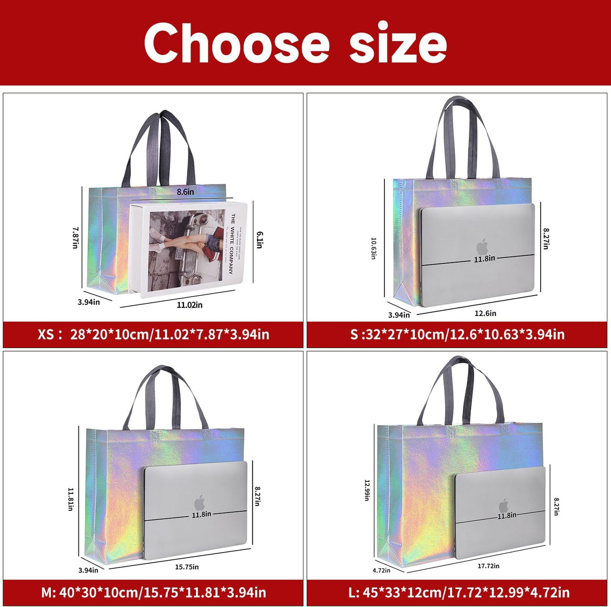 Glossy Iridescent Gift Bags with Handle, Non-woven, Reusable, Sturdy Base, 20-Pack, for Birthday, Wedding, Easter