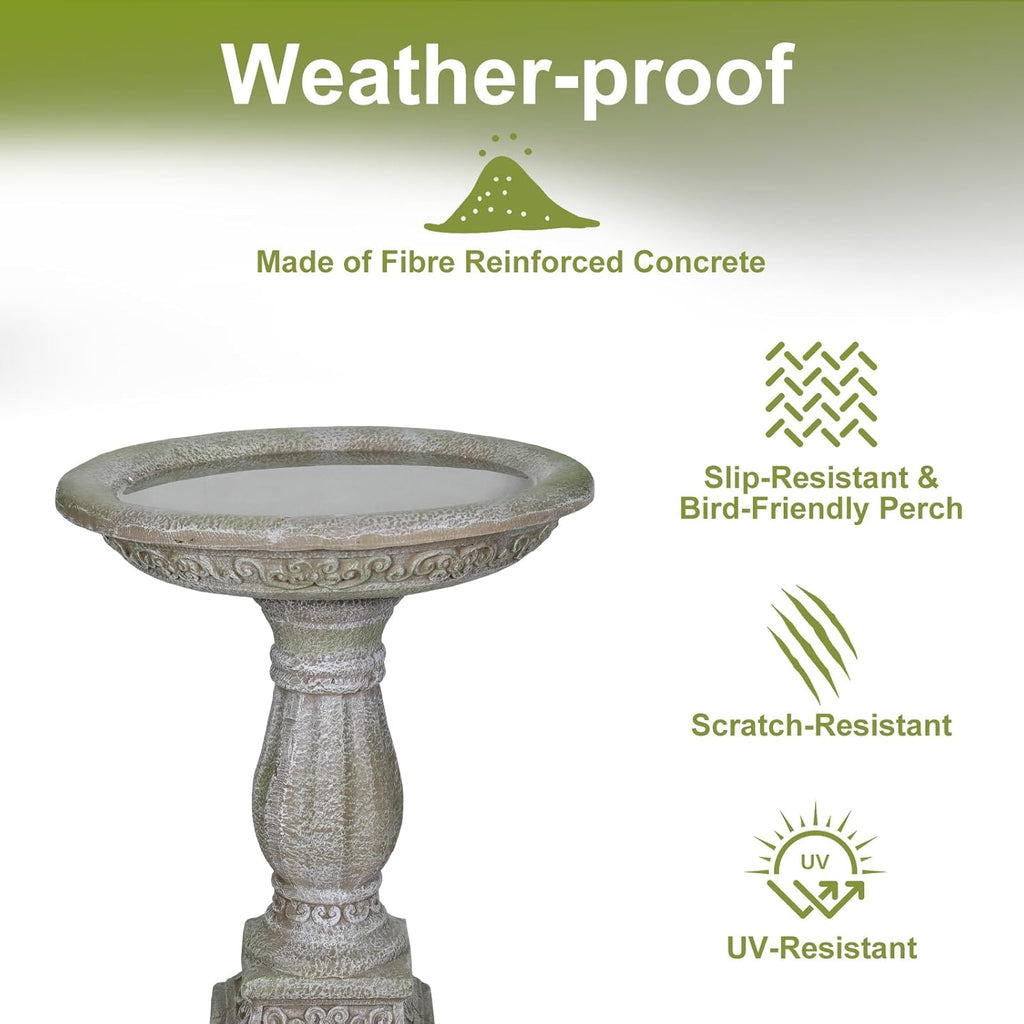 23.8" Tall Pedestal Bird Bath for Outdoor, Antique Weathered Concrete Birdbath with Decorative Carving, Durable