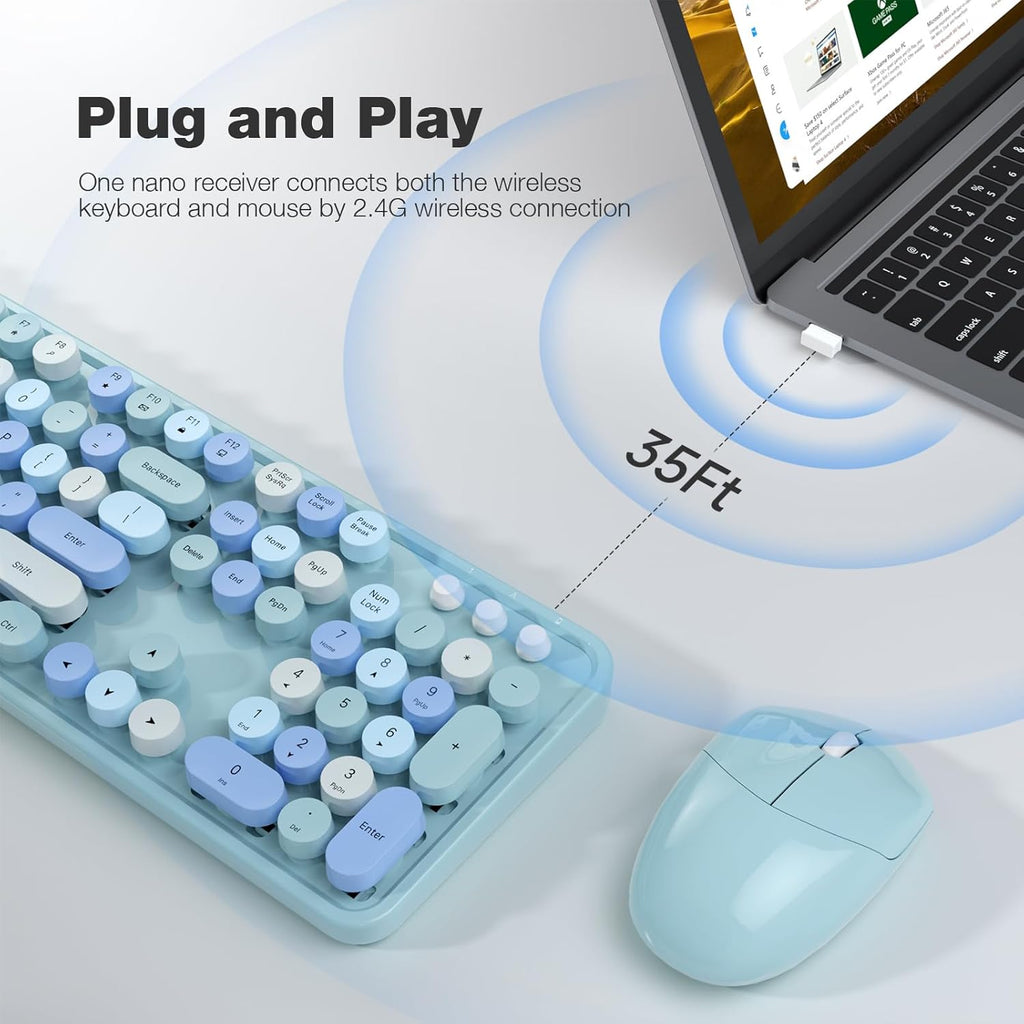 Wireless Keyboard and Mouse Combo, Retro Keyboard with Round Keycaps, 2.4GHz Dropout-Free Connection, Cute Wireless