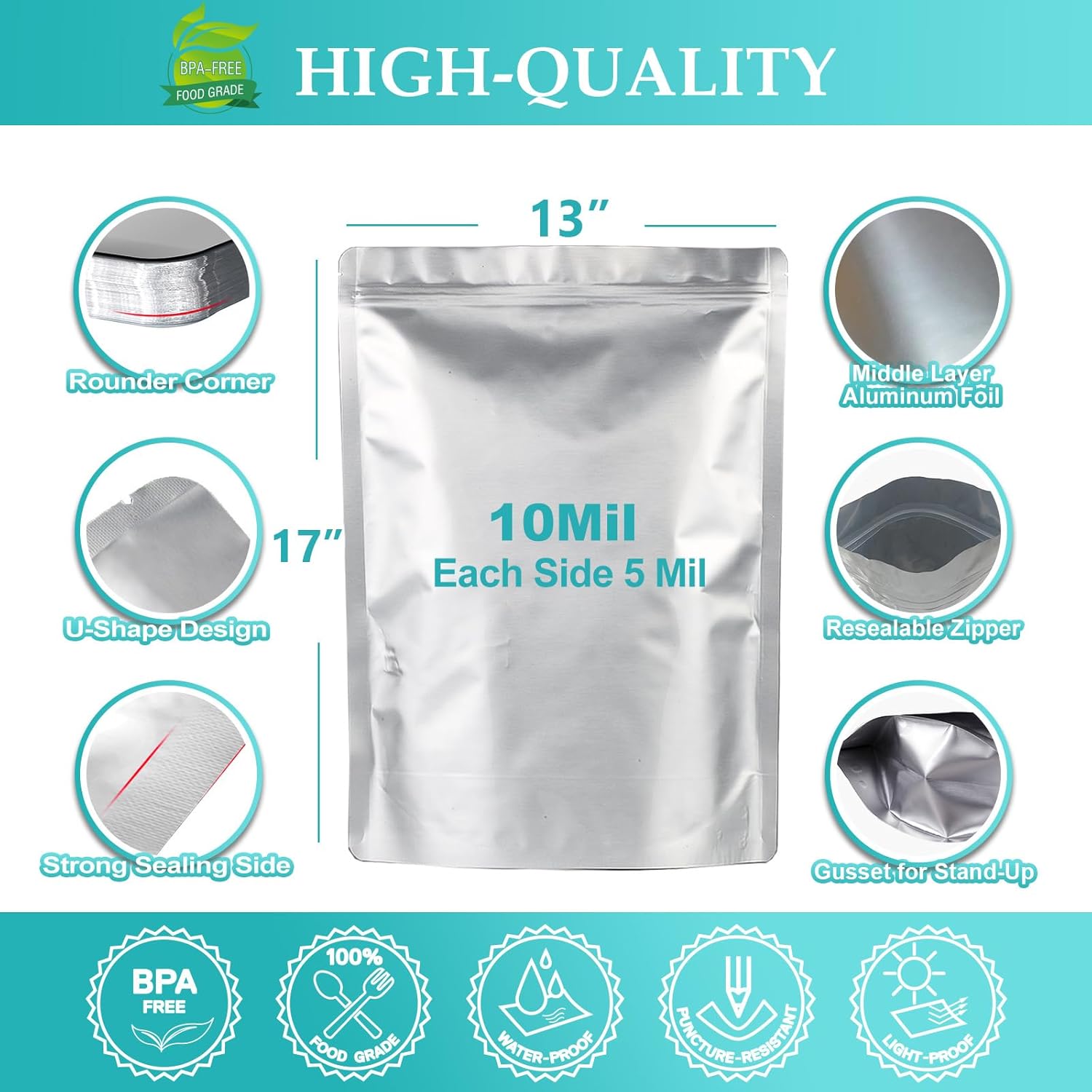 30PCS 2 Gallon Mylar Bags for Food Storage, 13"x17" 10 Mil Stand-Up Zipper Pouches Resealable and Heat Sealable for