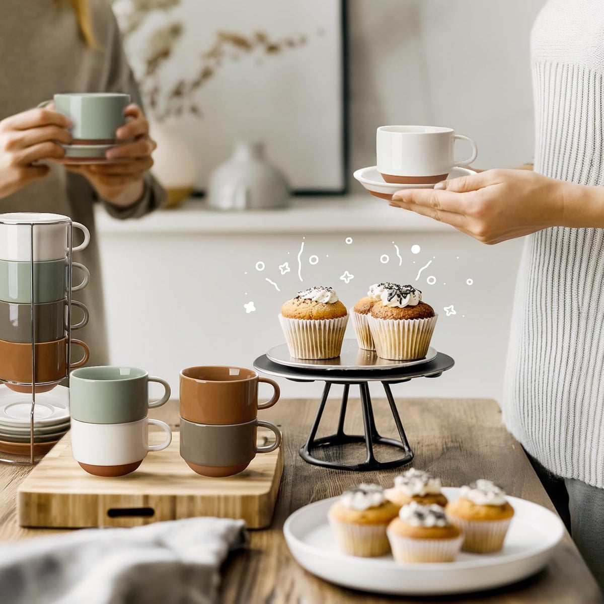8 Ounce Cappuccino Cups Set of 4, Porcelain Stackable Coffee Cups with Saucers and Metal Stand, Earthy Spectrum