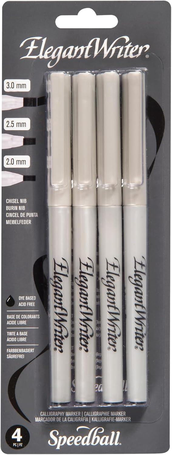 Elegant Writer Acid-Free Non-Toxic Water Based Calligraphy Marker, Chisel Tip, Assorted Size, Black, Set of 4