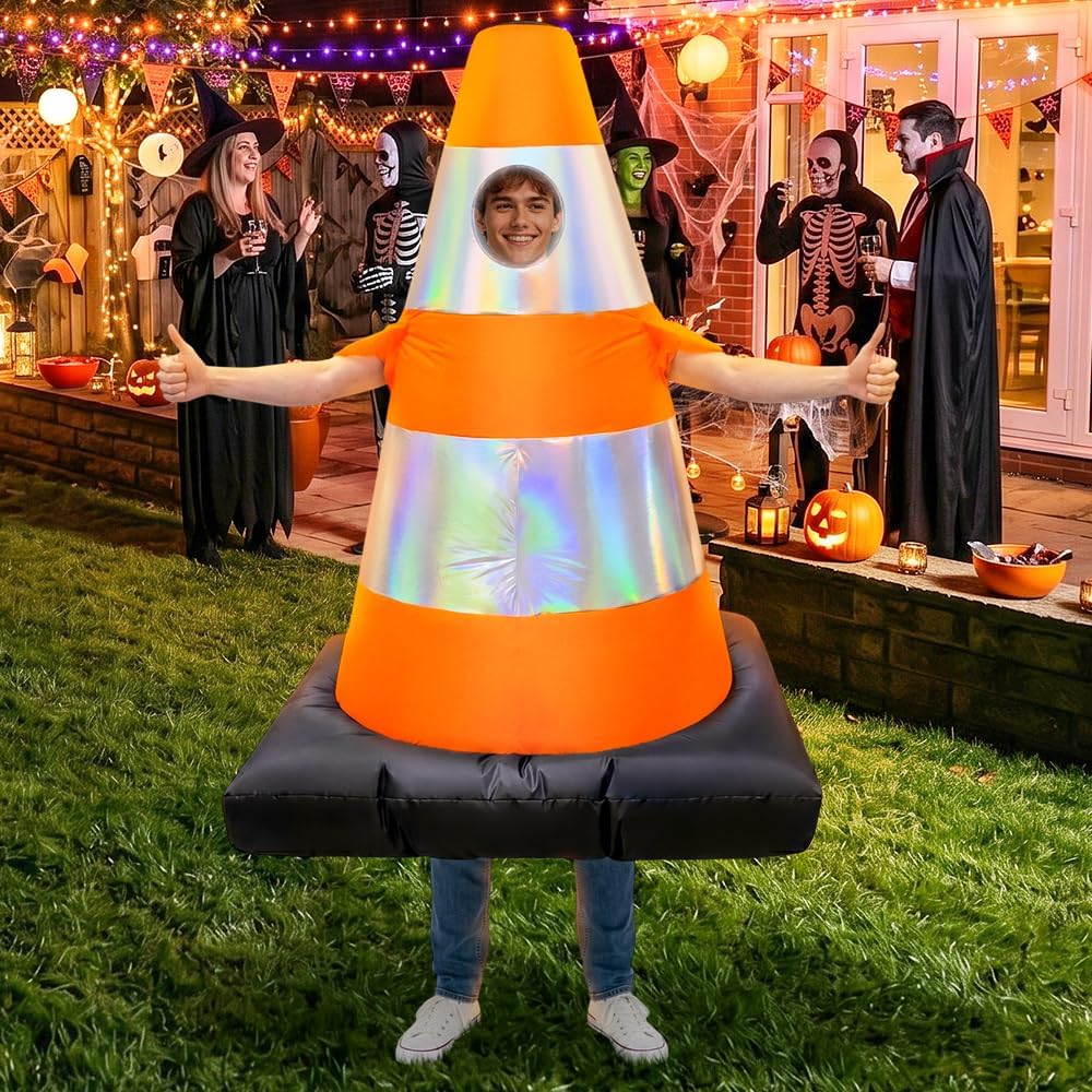 Traffic Cone Inflatable Costume for Adult, Full Body Halloween Costumes, Blow up Construction Cone Suits