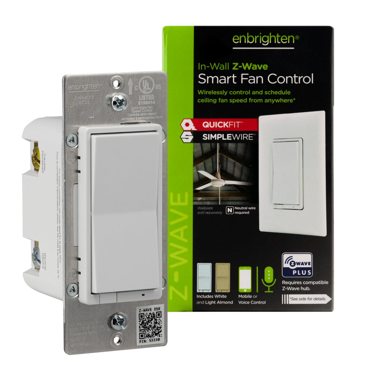 Enbrighten Z-Wave Fan Control Switch, Paddle, White & Light Almond, 1 Pack