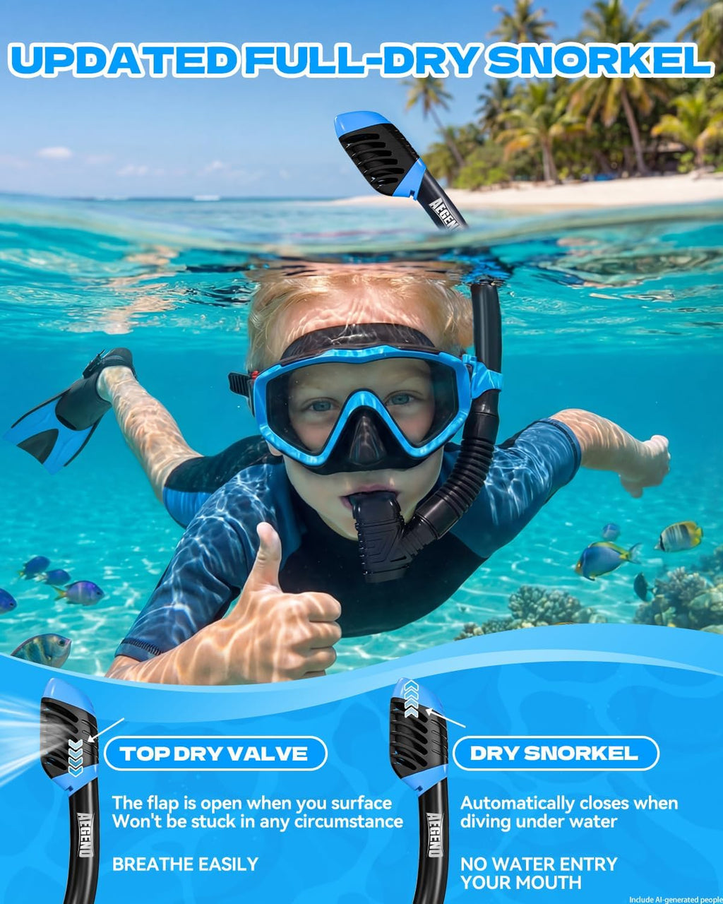 4-in-1 Snorkeling Gear for Kids Youth with Travel Mesh Bag | Anti-Fog Mask, Dry Snorkel & Adjustable Fins for