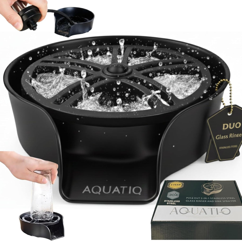 AquaDuo Glass Rinser and Kitchen Sink Sprayer Combo, Stainless Steel Cup Washer, Cup Cleaner, Bottle Washer, Glass
