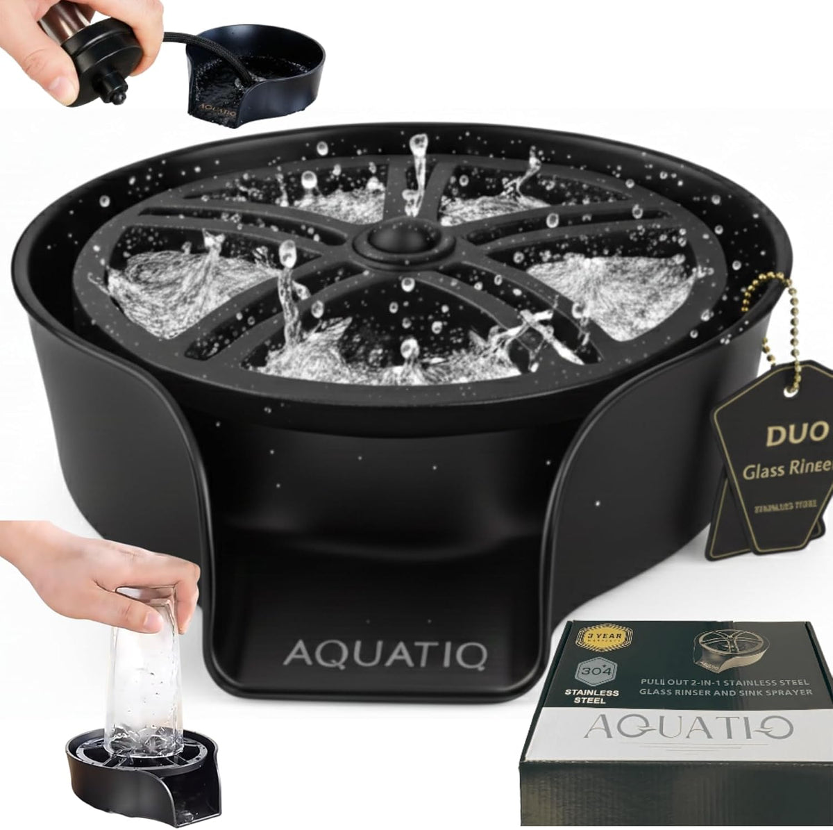 AquaDuo Glass Rinser and Kitchen Sink Sprayer Combo, Stainless Steel Cup Washer, Cup Cleaner, Bottle Washer, Glass