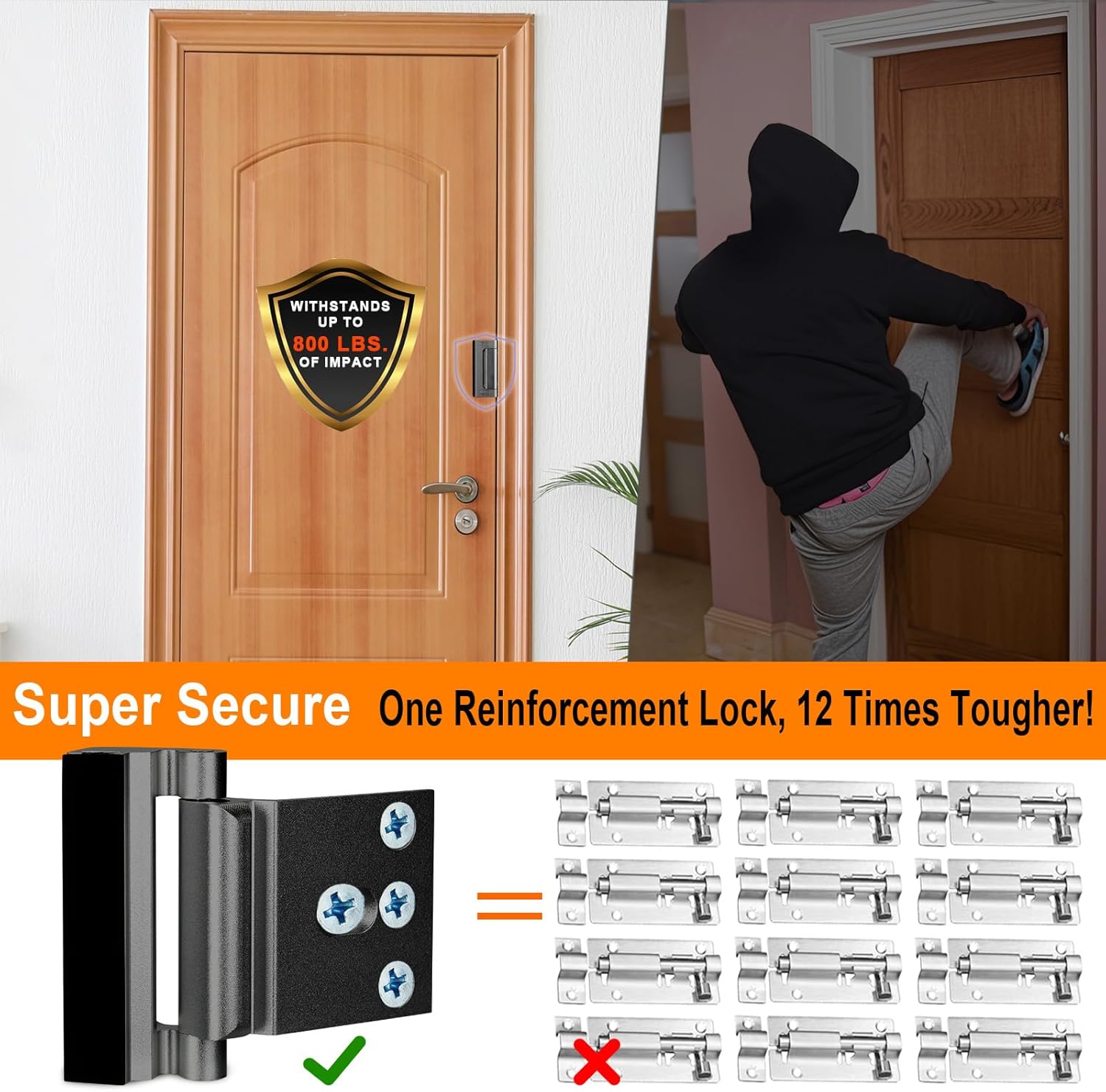 Home Security Door Reinforcement Lock, Upgraded Front Door Locks for Kids Safety Withstand 800 lbs, Child Proof Door