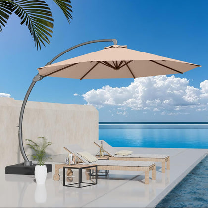 11ft Offset Cantilever Patio Umbrella with Base Included, Large Round Aluminum Outdoor Umbrella, 360° Rotation &