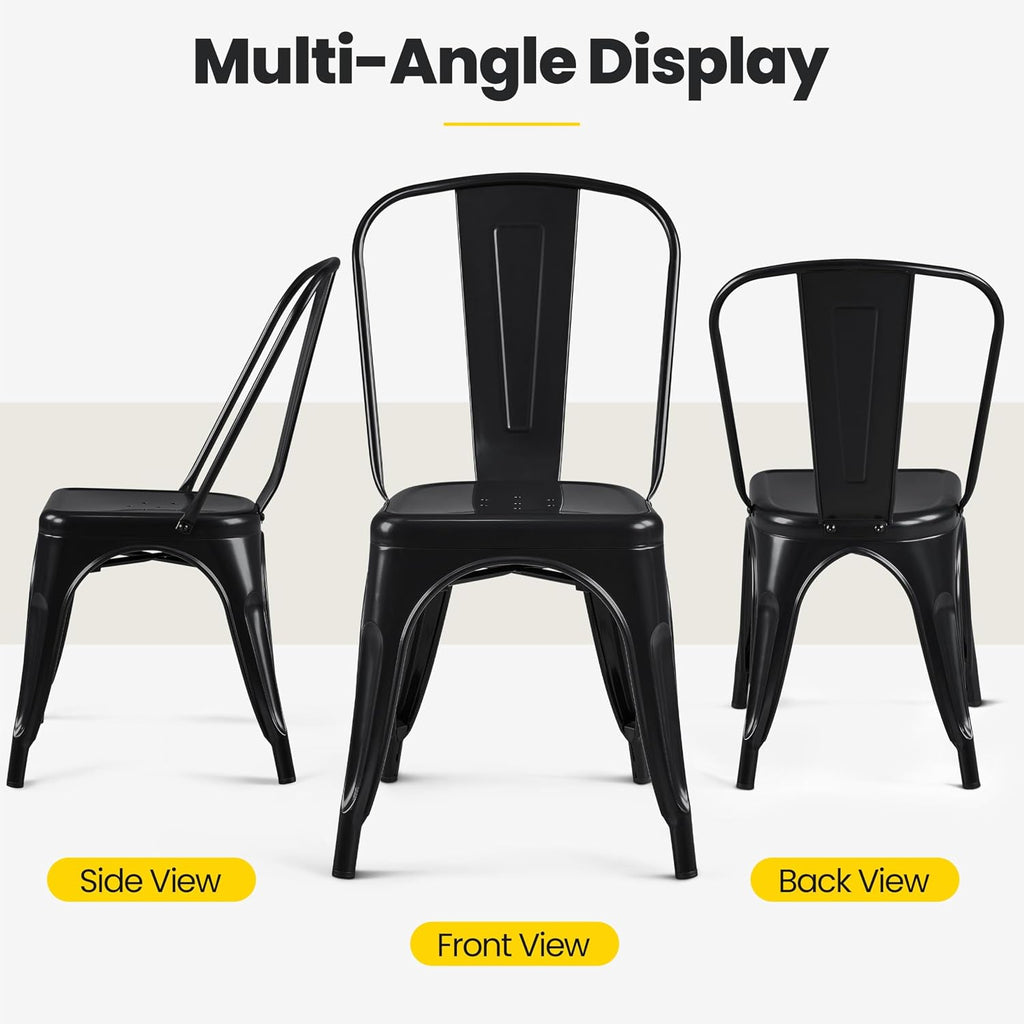 Metal Chairs Set of 4, Stackable Dining Chairs with Back, Black