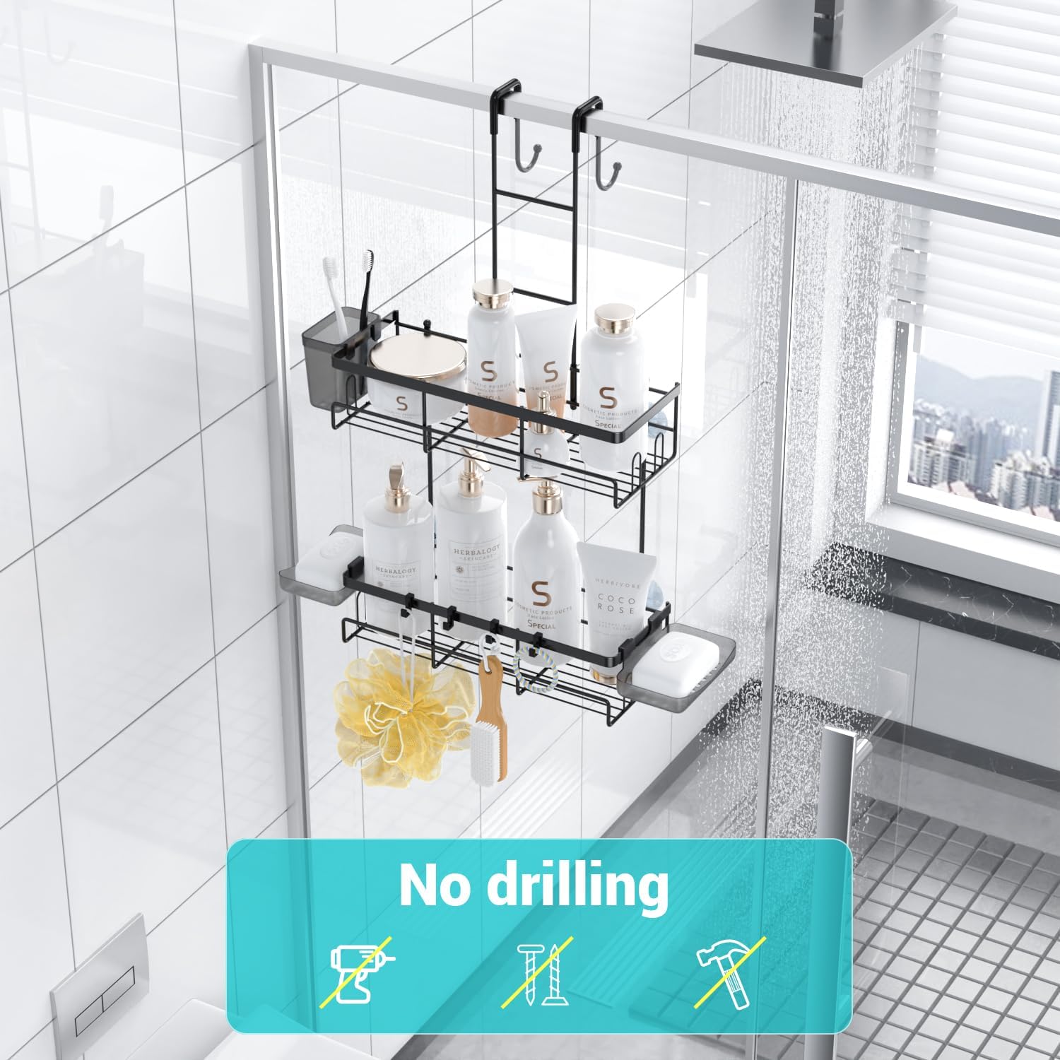 Over the Door Shower Caddy Hanging: Rustproof Shower Door Organizer | Shower Door Rack for Inside Shower, No Drilling