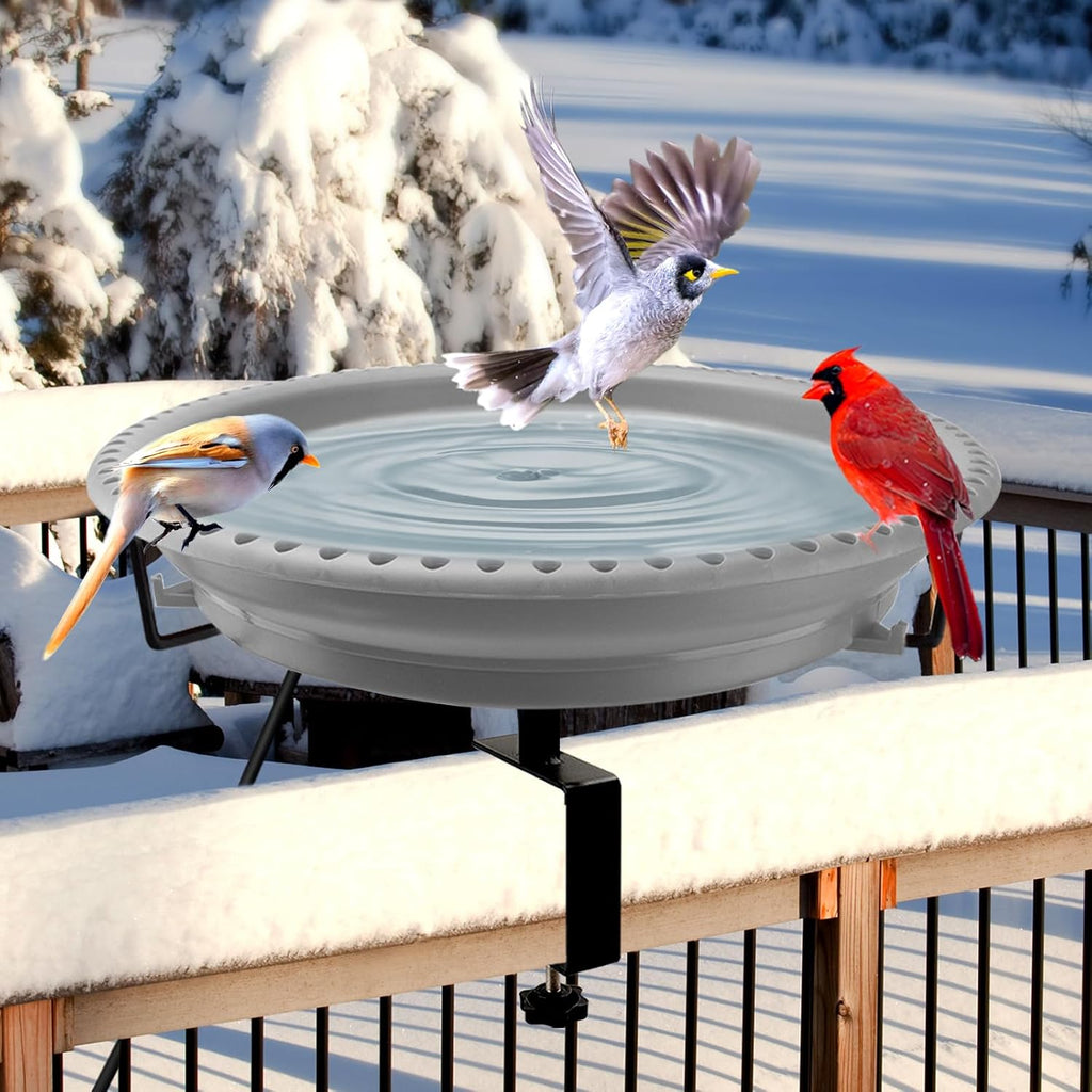 100W Heated Bird Baths for Outdoors, Heated Birdbath for Deck Railing, Grey