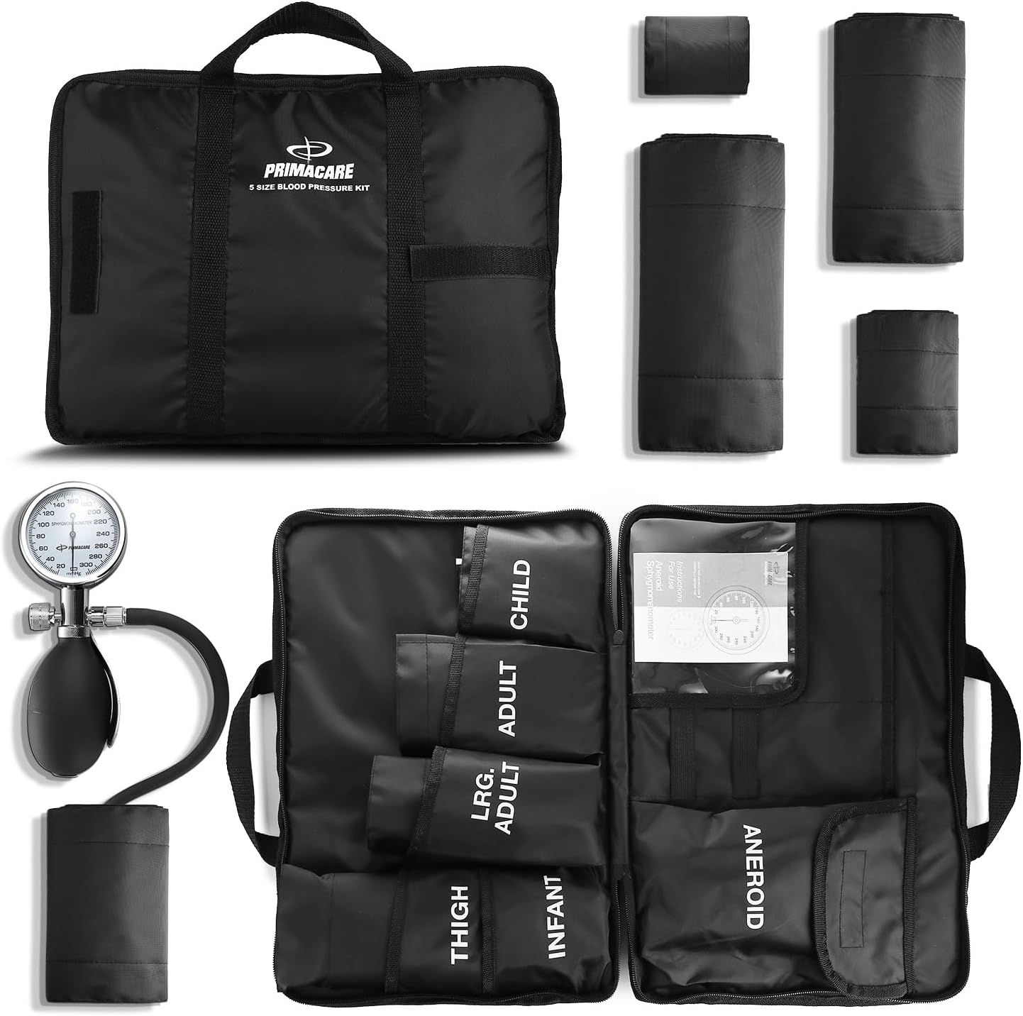 DS-9185 Aneroid Sphygmomanometer and Blood Pressure Cuff Set with Portable Case, 5 Sized Nylon Cuffs with Deflation