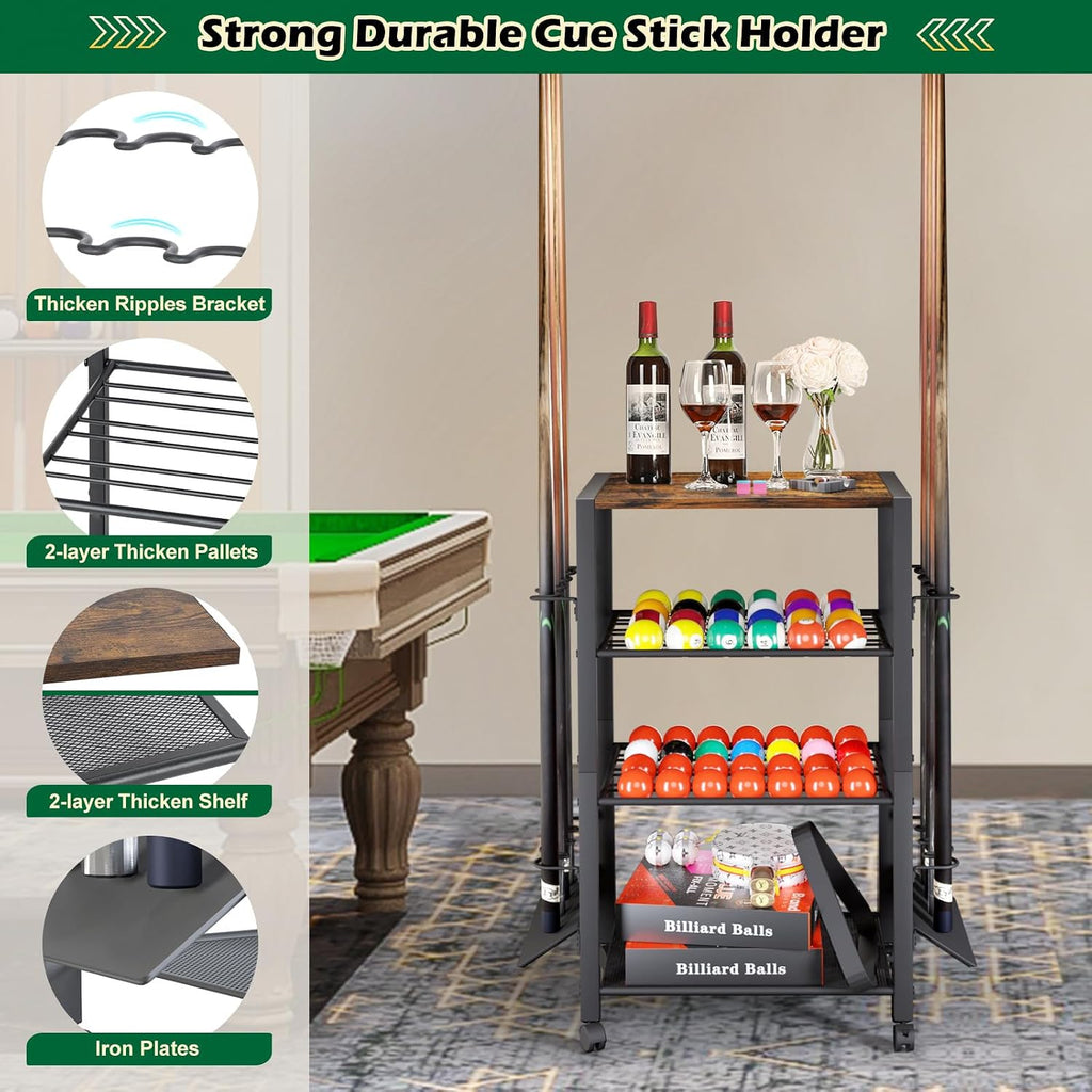 Pool Stick Holder Rack Stand for 8 Cue Sticks - Billiard Game Room Storage Cart with Organizer for Balls, Pool Table