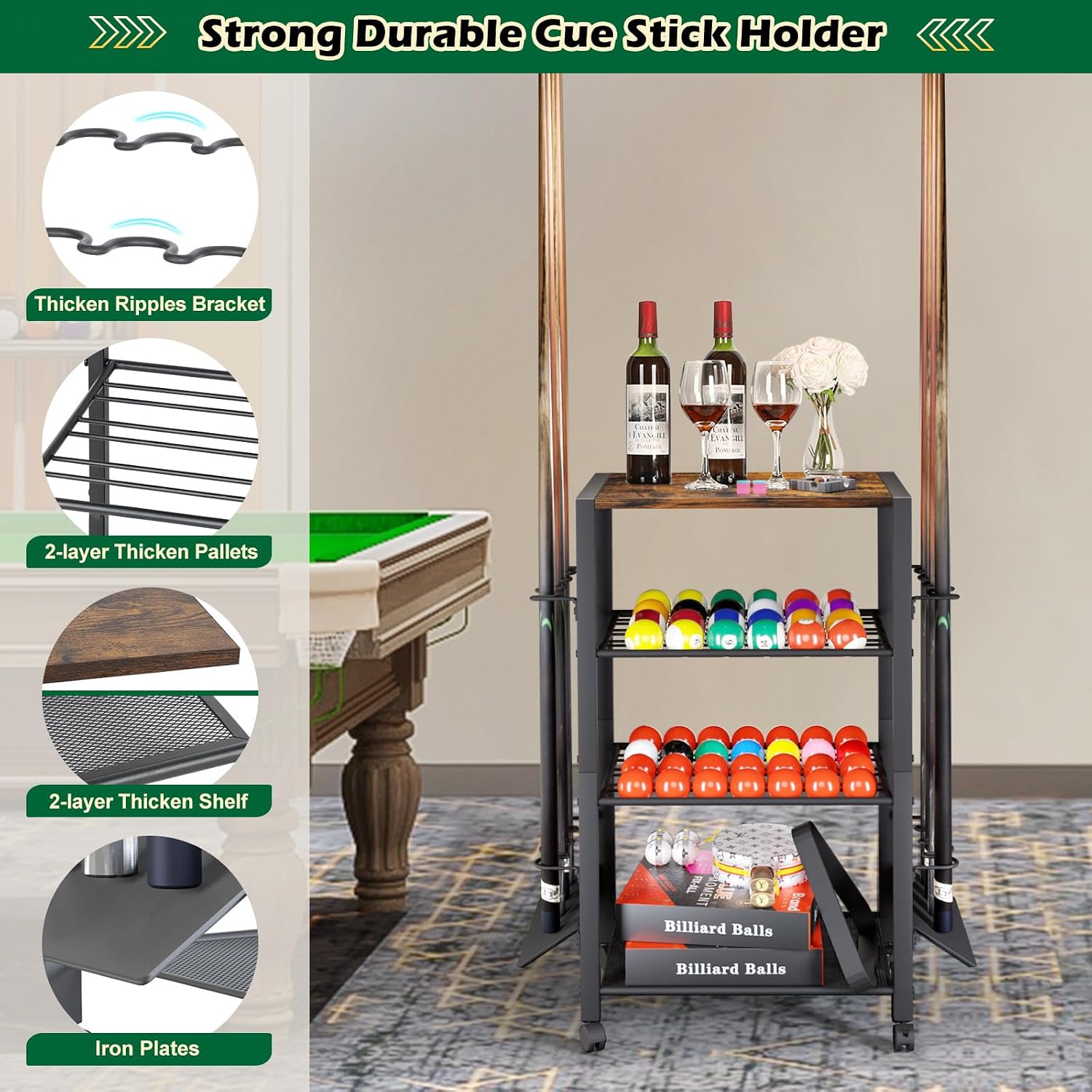 Pool Stick Holder Rack Stand for 8 Cue Sticks - Billiard Game Room Storage Cart with Organizer for Balls, Pool Table