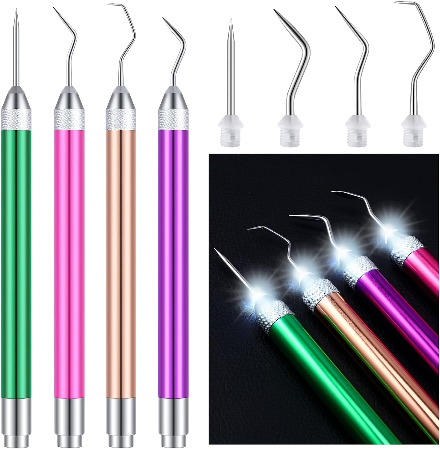 4 Pcs LED Weeding Tools for Vinyl with Light Weeding Tool with 5 Different Hooks Lighted Pin Pen Tool for Removing