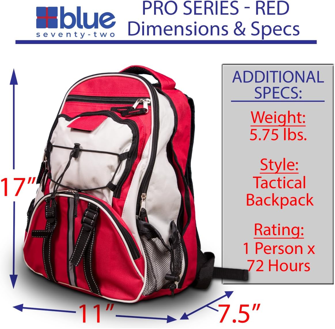Blue Seventy-Two - Pro Series - Red Deluxe 72 Hour Emergency Backpack Survival Kit for 1 Person | Survival Kits for