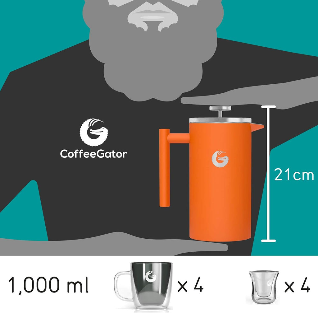 French Press Coffee Maker 34oz, Double Insulated Stainless Steel Brewer plus Travel Jar Canister, Portable Hot Cold