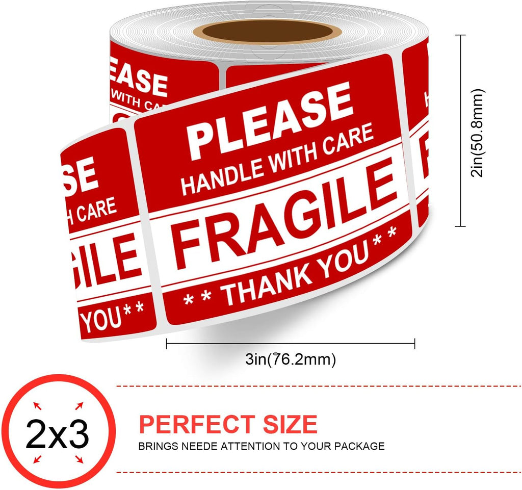 2"x3" 1000 Labels Fragile Stickers for Shipping Moving，500 PCS/Roll，2Rolls