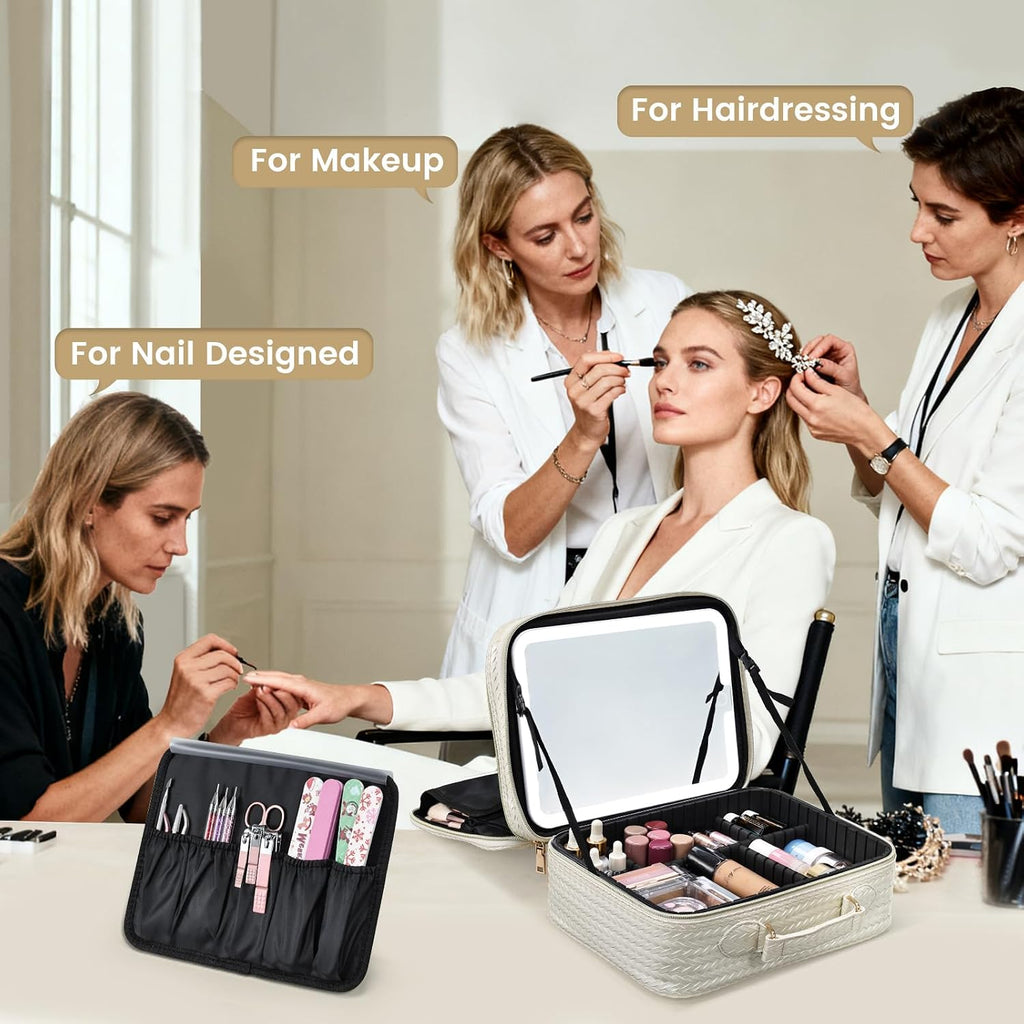 Makeup Bag with LED Lighted Mirror 12.2 IN Cosmetic Train Case Double Layer Makeup Case Adjustable Brightness in 3