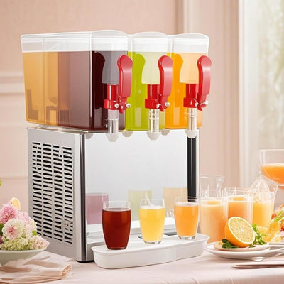 3-Tank 30L Commercial Beverage Dispenser with Mixer, 7.93 Gallon Stainless Steel Refrigerated Juice Dispenser Cold