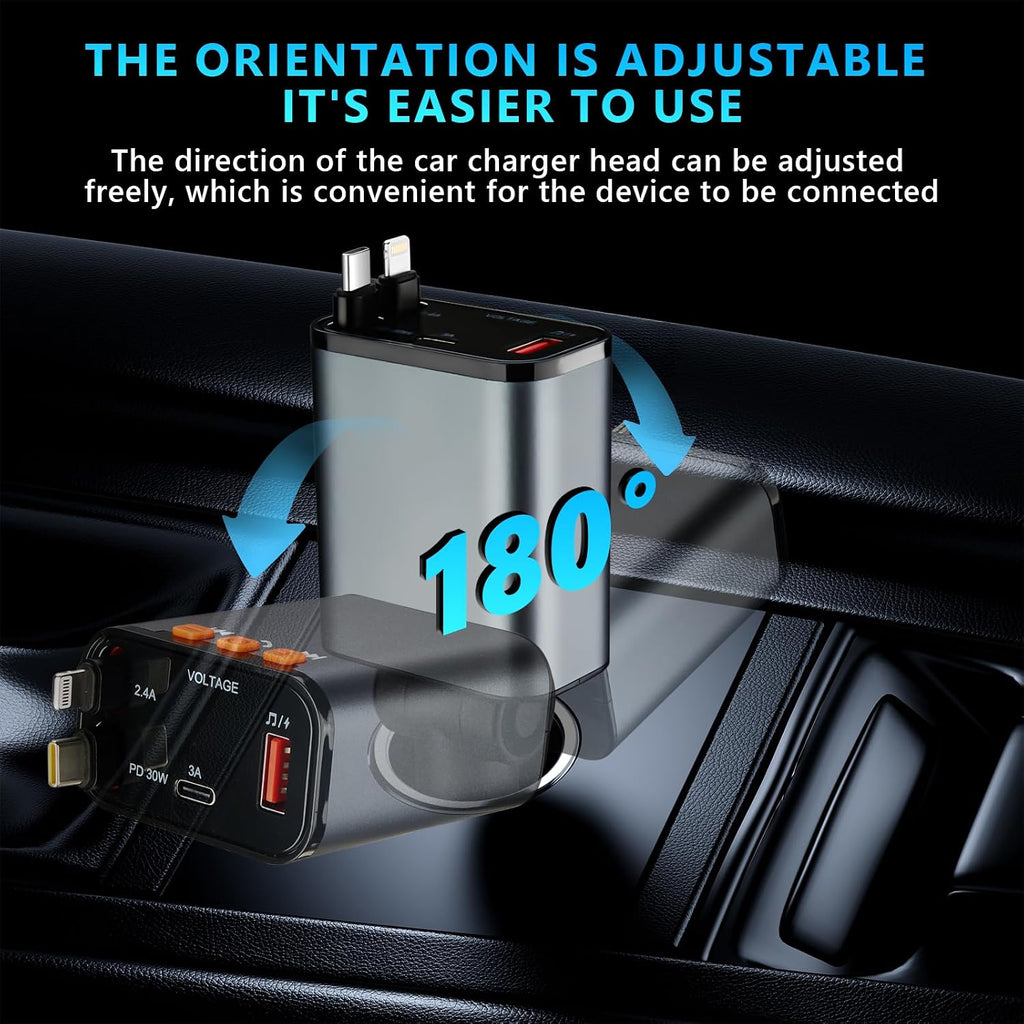 Retractable Car Charger,5 in 1 Fast Cars Phone Charger 60w,Bluetooth 5.3 FM Transmitter Adapter,Handsfree Call,MP3