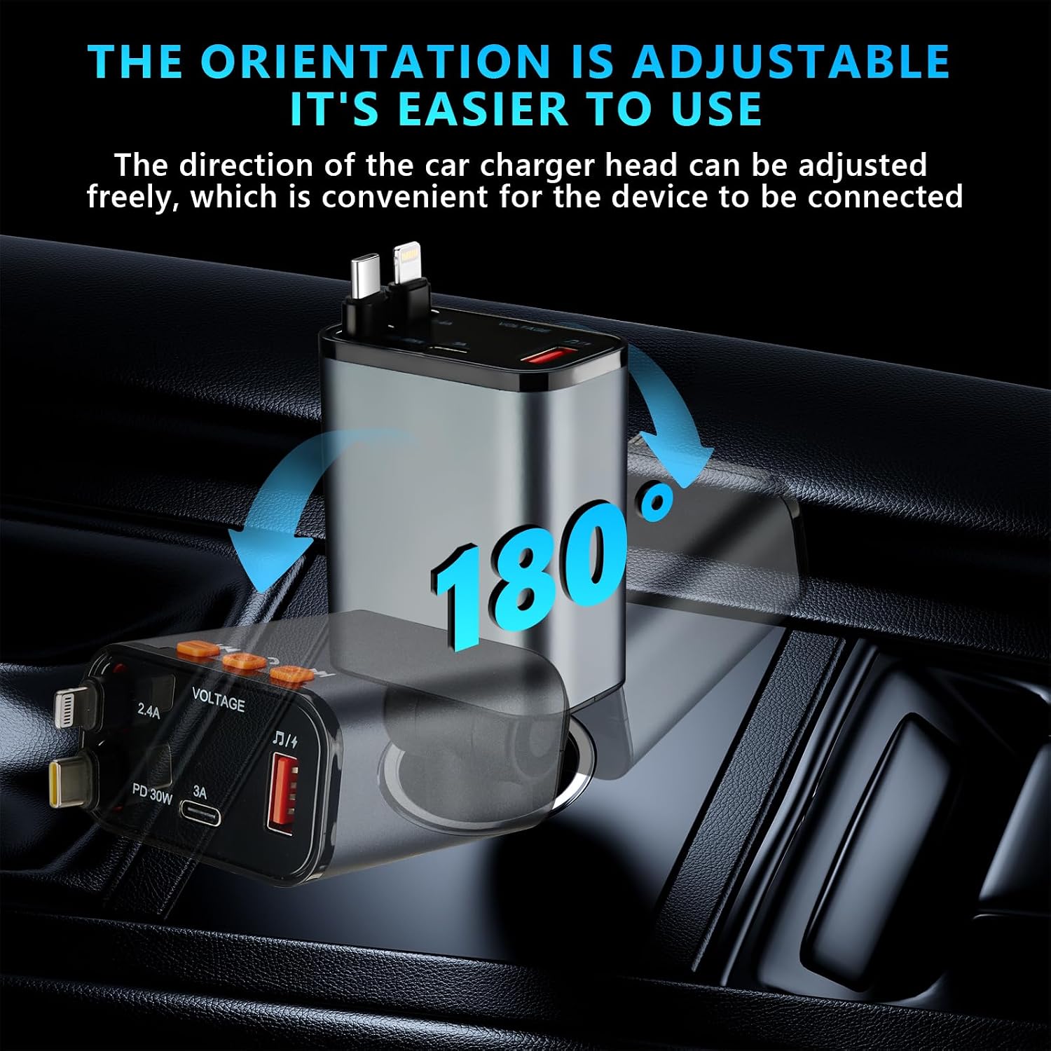 Retractable Car Charger,5 in 1 Fast Cars Phone Charger 60w,Bluetooth 5.3 FM Transmitter Adapter,Handsfree Call,MP3