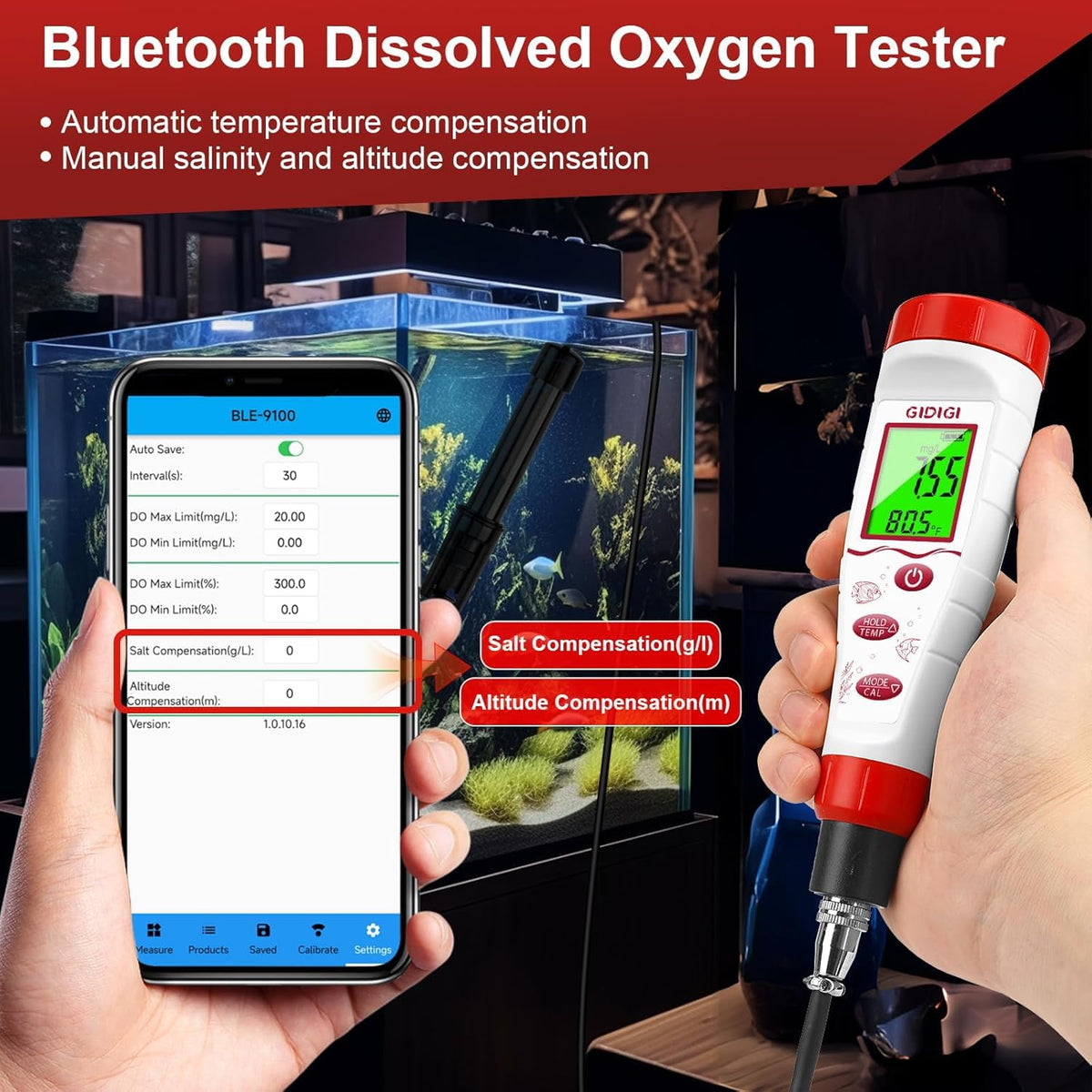 Dissolved Oxygen Meter, Digital DO Tester with ATC Salt Compensation