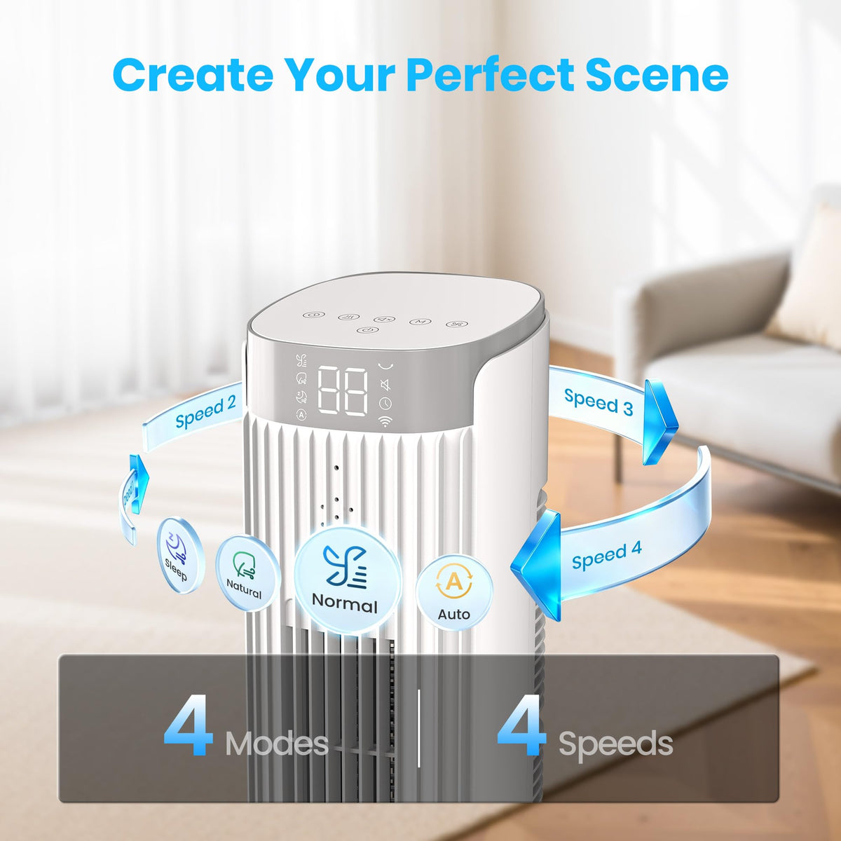 Tower Fan for Bedroom, 23dB, 90°oscillating, Smart Control, White
