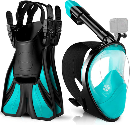 Snorkeling Packages, Full Face Snorkel Mask for Adults & Youth with Camera Mount, Adjustable Swim Fins, Anti-Fog