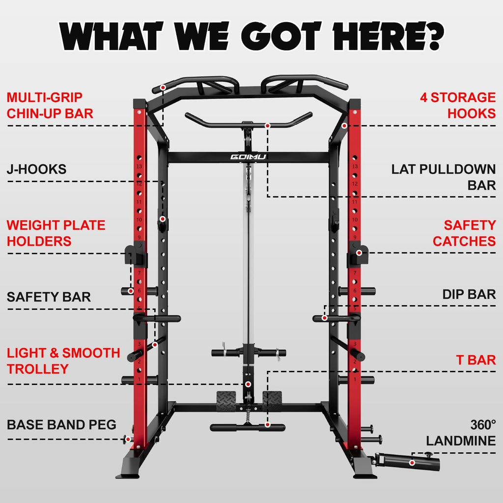 C1-V4 Power Cage, 2000LBS Squat Rack with LAT Pulldown, Multi-Function Weight Cage Strength Training Machine, Workout