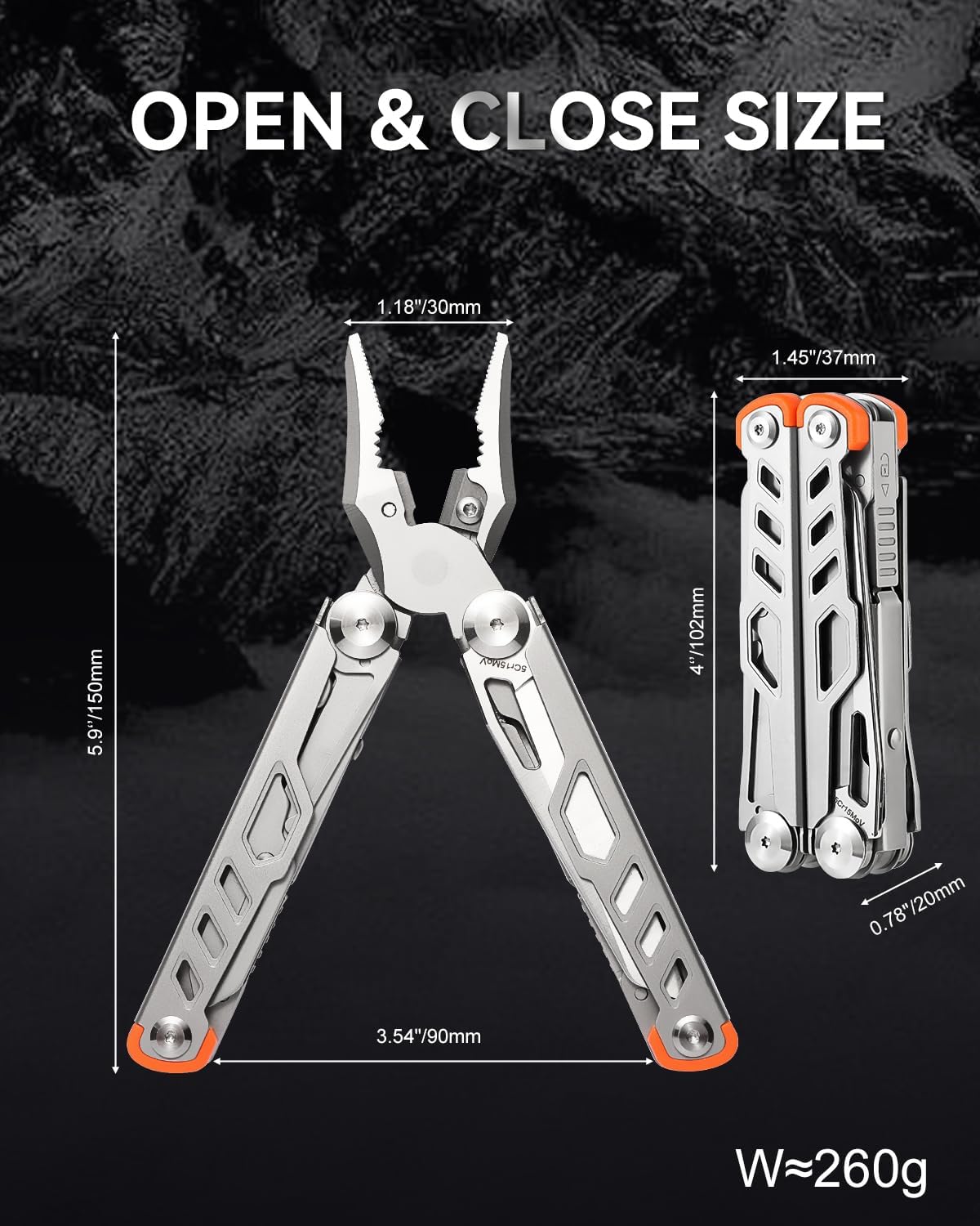 Strong 15-in-1 Multitool Pliers with Sheath, Stainless Steel, Grey | Folding Multi Tool, Needle Nose Pliers & Wire