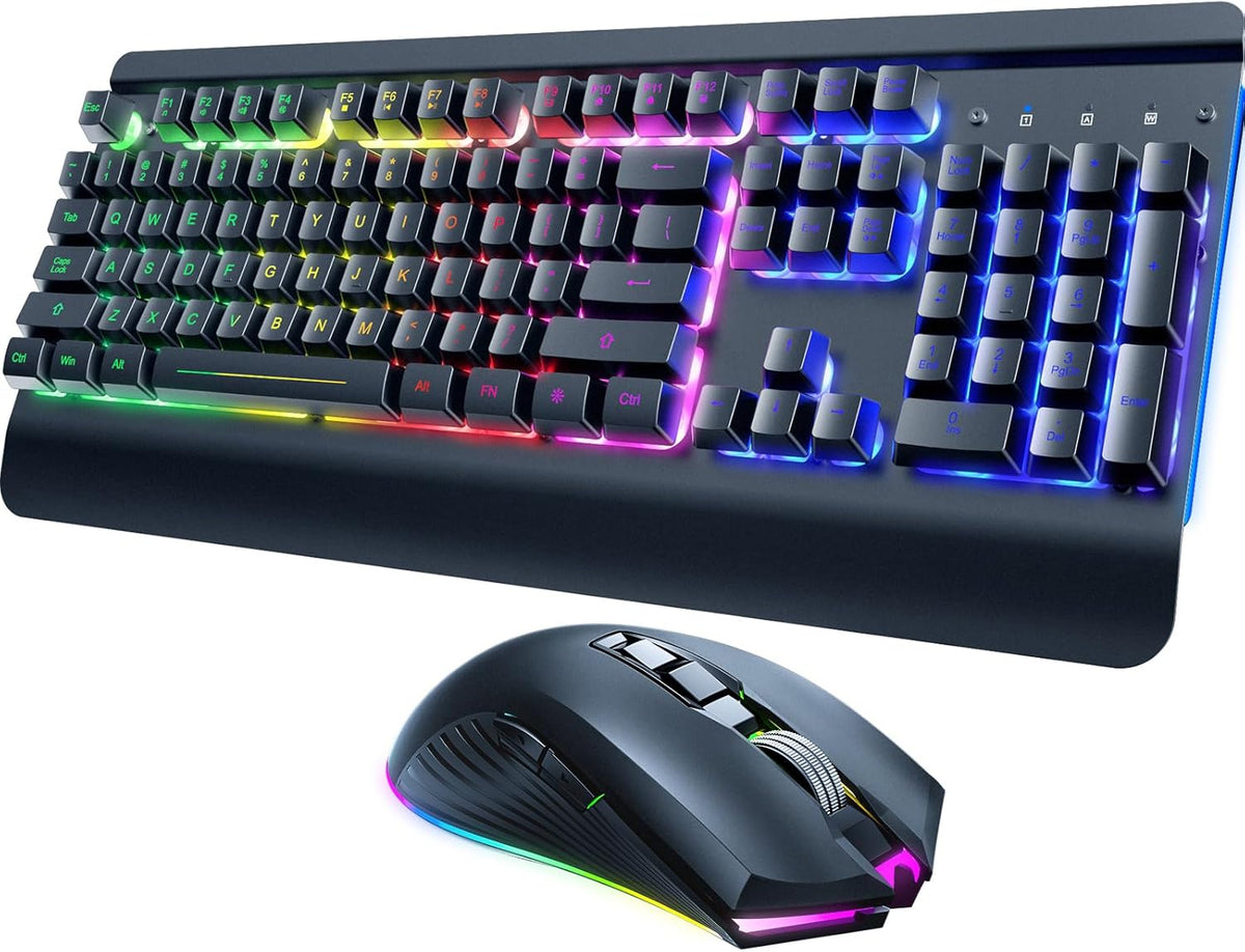 Wireless Gaming Keyboard and Mouse Combo, Metal Panel Light Up 3200DPI Mice
