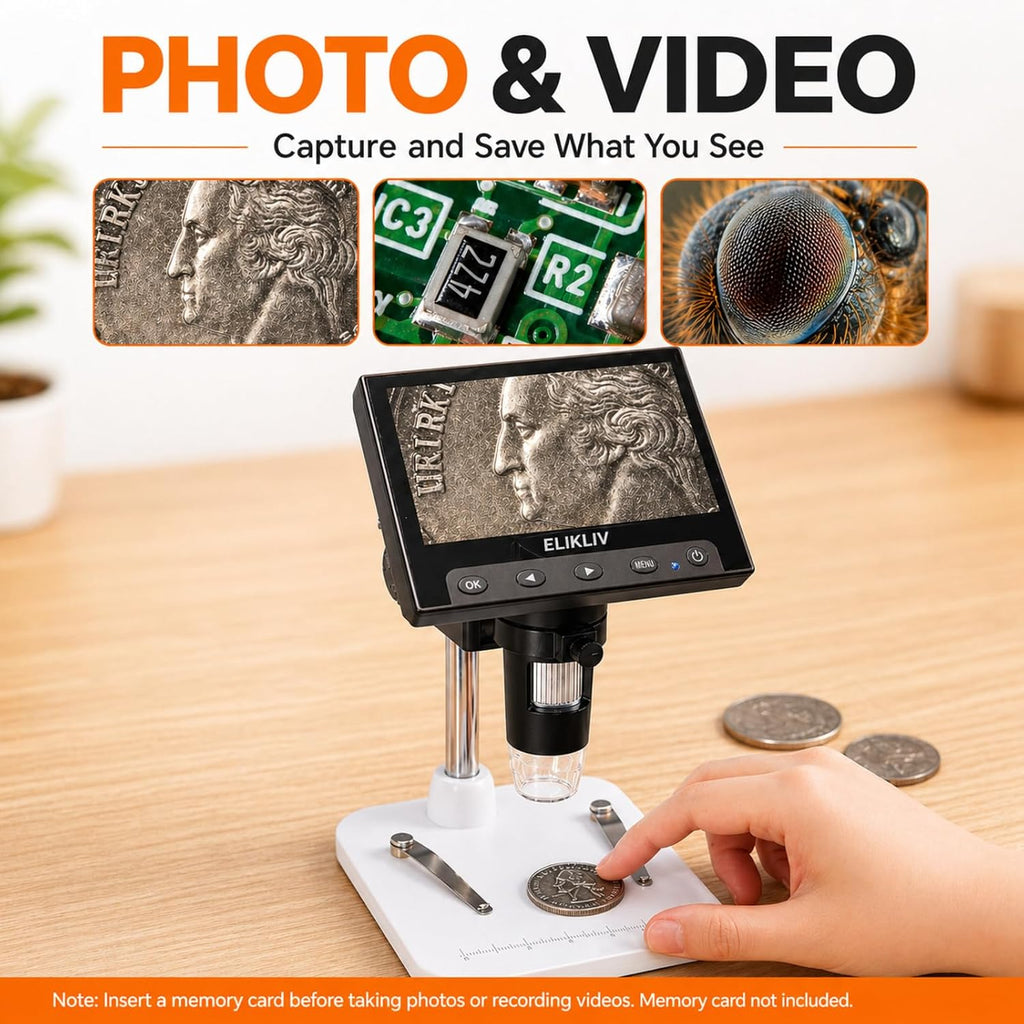 Microscope, LCD Digital Coin Microscope 1000x, Coin Magnifier with 8 Adjustable LED Lights, PC View Compatible with