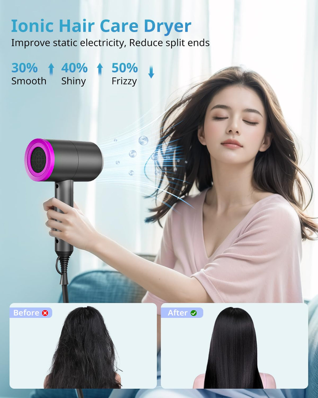 Professional Ionic Hair Dryer with Diffuser & Nozzle | Low Noise
