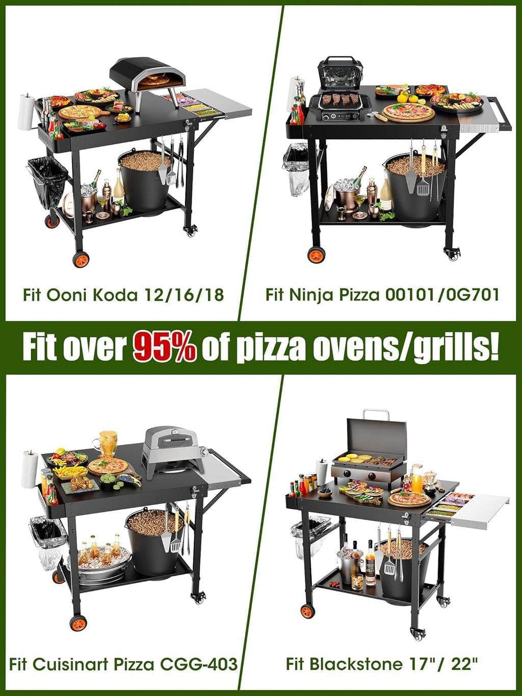 Outdoor Grill Table/Cart and Grill Cover for Pizza Oven Table, Large Space with Wheels Pizza Oven Stand& Heavy Duty