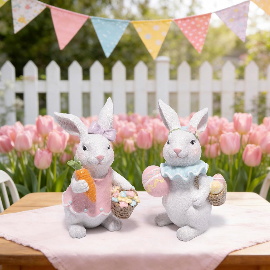Easter Bunny Figurines Set, Spring Rabbit Decor with Easter Eggs Basket, Floral Wreath Bunny Statues, Tabletop Home