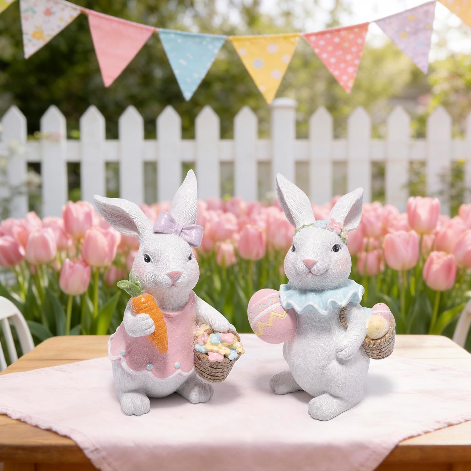 Easter Bunny Figurines Set, Spring Rabbit Decor with Easter Eggs Basket, Floral Wreath Bunny Statues, Tabletop Home