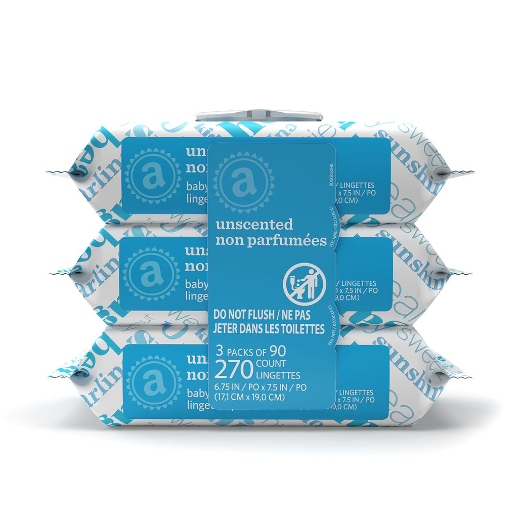 Baby Wipes, Unscented, Hypoallergenic, Alcohol-Free, With Aloe and Vitamin E, 270 Count, Flip-Top Packs