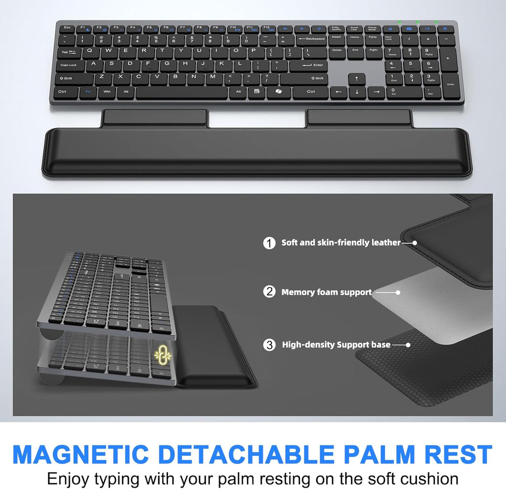 Wireless Keyboard and Mouse Combo, Full Size Silent Ultra Thin Keyboard with Magnetic Wrist Rest, Optical Mouse, 2.4G