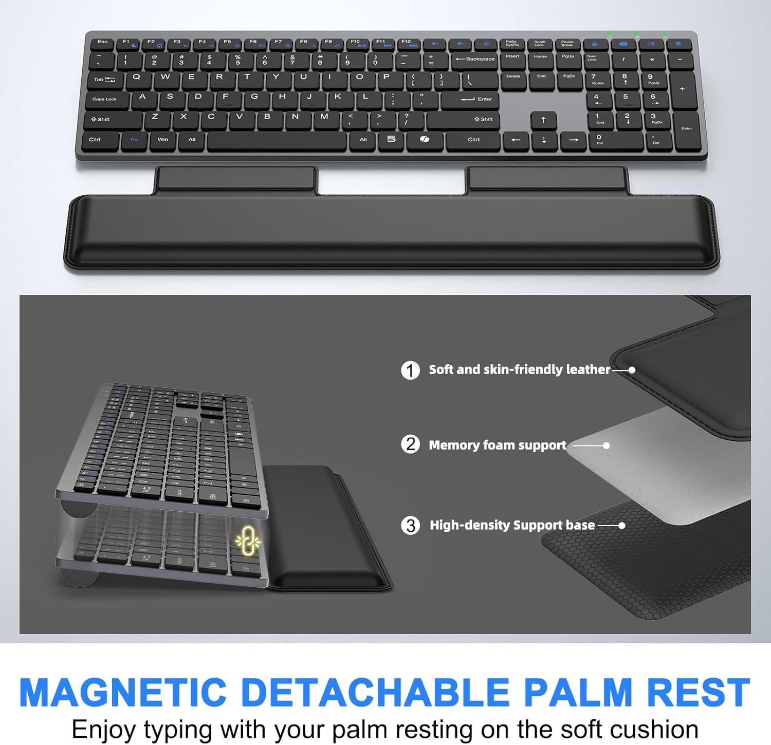 Wireless Keyboard and Mouse Combo, Full Size Silent Ultra Thin Keyboard with Magnetic Wrist Rest, Optical Mouse, 2.4G