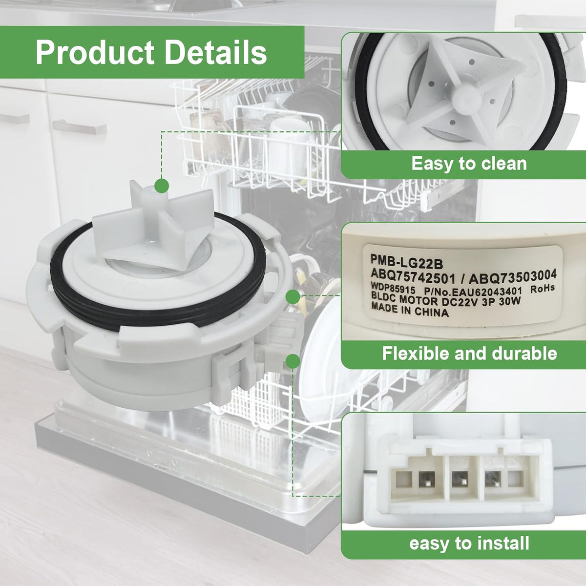 ABQ75742501 Dishwasher Drain Pump Motor Compatible with LG & Kenmore Model
