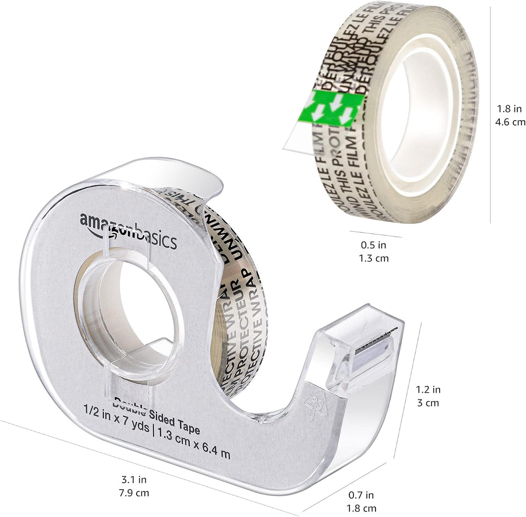 Double Sided Permanent Tape with Dispenser, Narrow Width, 1/2 x 252 inches, Translucent, 3-Pack