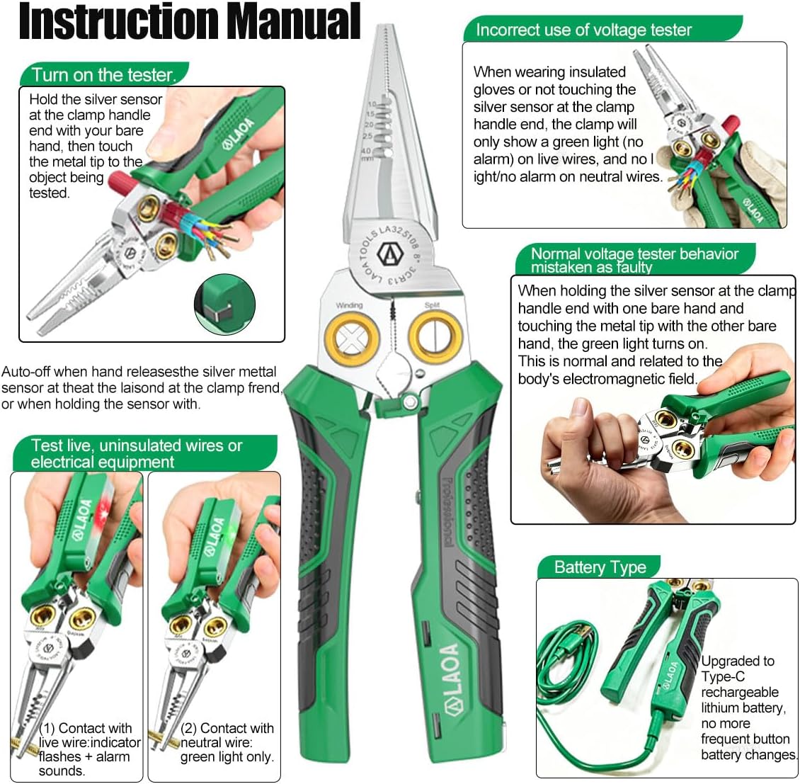 Wire Stripper Tool with Voltage Tester, 8-in-1 Electrician Pliers with Wire Cutter, Cable Splitter, Wire Puller and