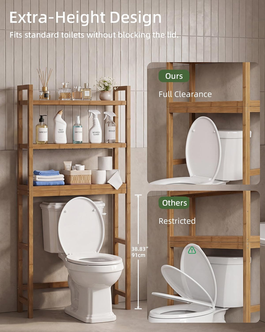 Bathroom Storage Shelf, Bamboo Over-The-Toilet Organizer Rack, Freestanding Toilet Space Saver with 3-Tier Adjustable