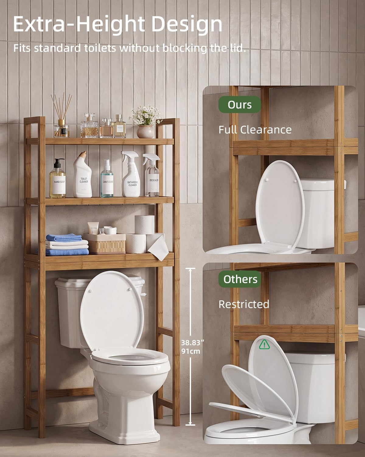 Bathroom Storage Shelf, Bamboo Over-The-Toilet Organizer Rack, Freestanding Toilet Space Saver with 3-Tier Adjustable