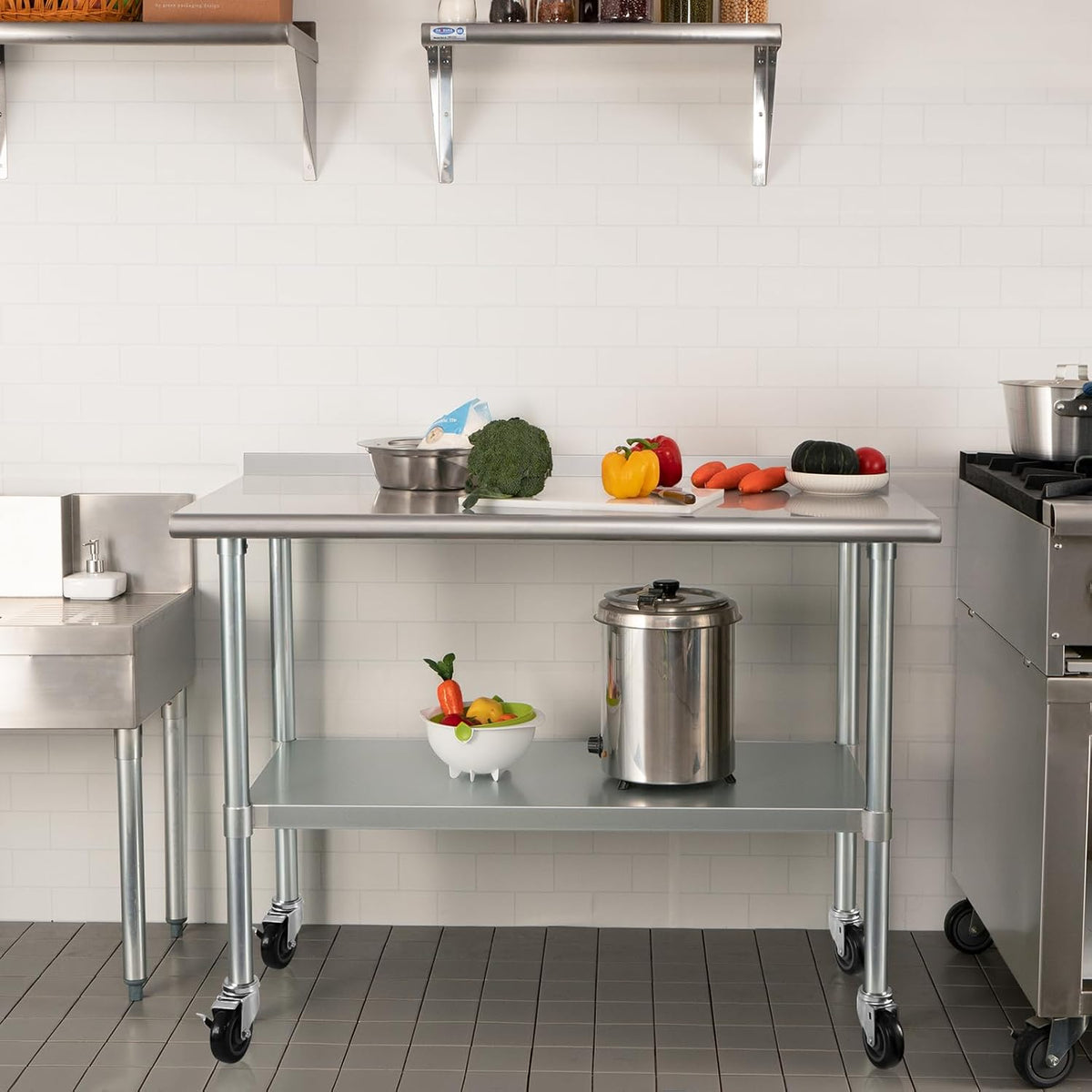 HARDURA Stainless Steel Table with Wheels 24X48 Inches, 2" Backsplash