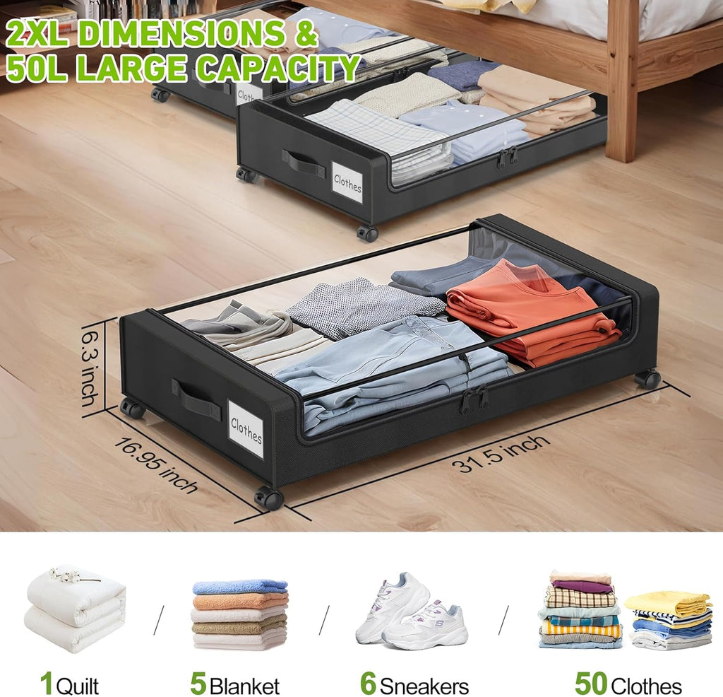 Under Bed Storage with Wheels, 2-Pack Underbed Storage Containers with Clear Lids, Under Bed Shoe Storage Organizer