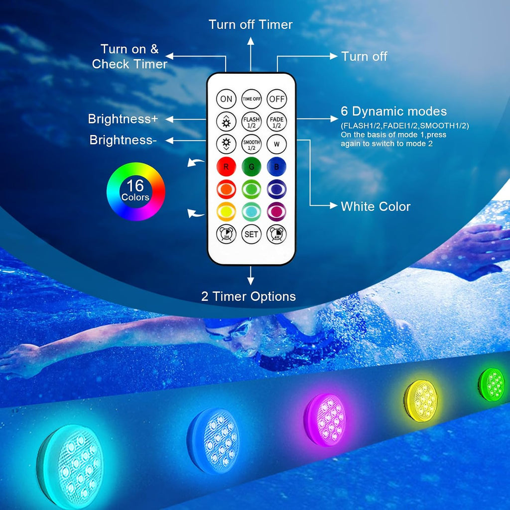 Rechargeable Submersible Pool Lights with Remote (2pcs) - Underwater Led Light IP68 Waterproof ,16 Color Changing