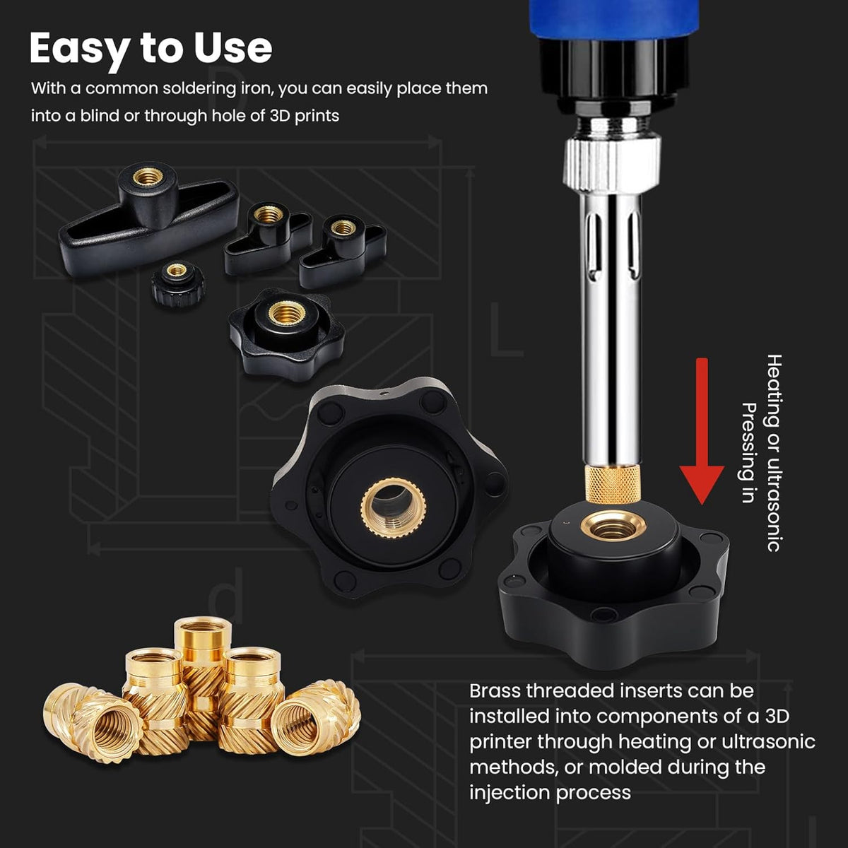 #10-32 Heat Set Threaded Inserts, 60 Pieces, Brass, UNF Knurled Nuts, Insert by Heat into 3D Printing Components